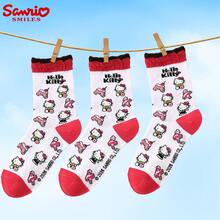 SANRIO 1雙/3雙 女款正版授權 Hello Kitty 紅白對比荷葉邊中筒襪，滿版提花，不易開裂，復古學院風，青春風格中筒襪，適合四季穿著，最佳好友生日禮物、節日週年禮物、聖誕節、新年假期、派對伴手禮 - 白色 - 查看 3