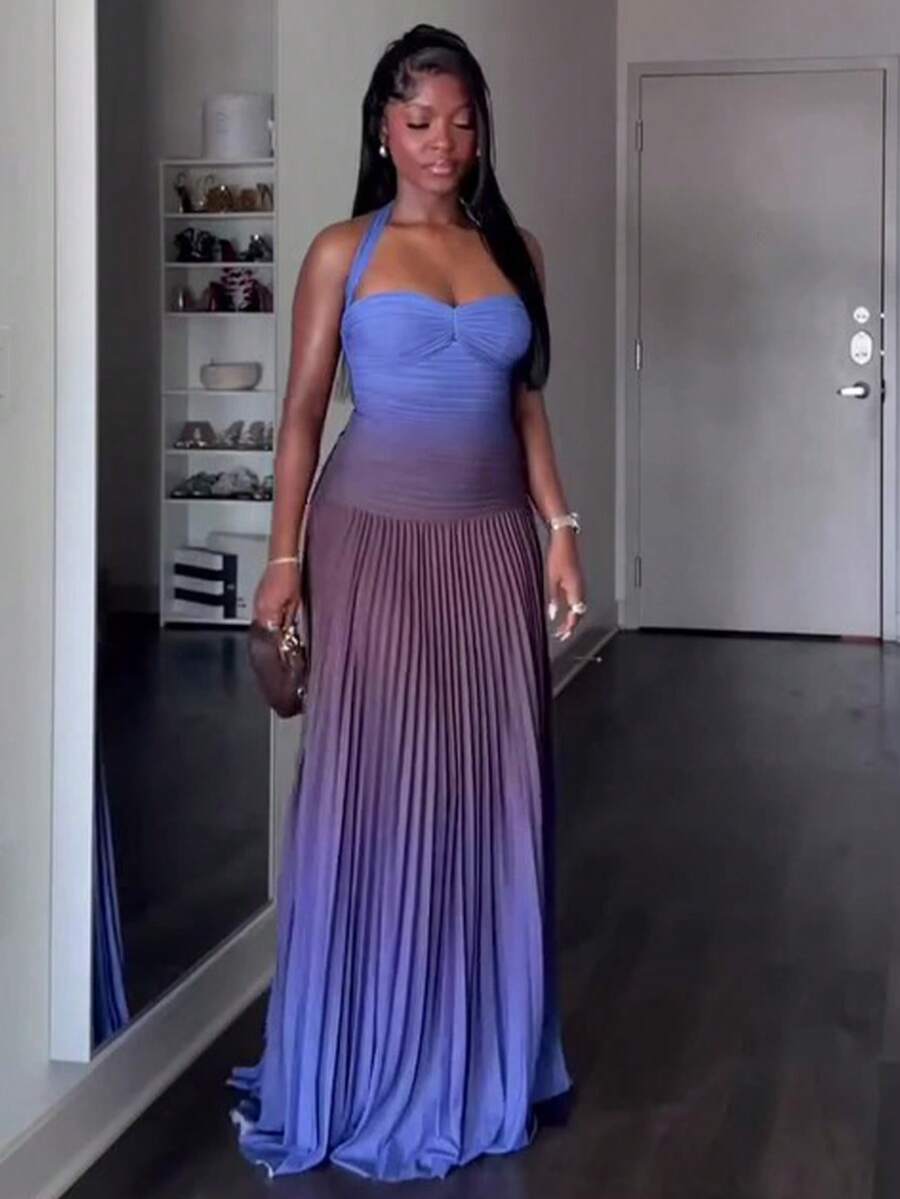 Nuevo Vestido Veraniego Degradado, Halter, Espalda al Aire, Plisado Elegante - azul real - Ver 1
