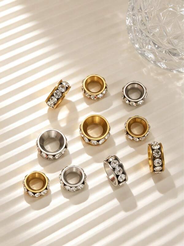 5Pcs Minimal 18K Gold Plated Stainless Steel Crystal Large Hole Spacer Beads, Unisex DIY Bracelet Necklace Beading Supplies