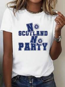 Camiseta de manga corta con estampado gráfico de moda para mujer, 100% algodón, con la frase NO SCOTLAND NO PARTY, un diseño de insignia escocesa y cuello redondo. Camiseta de manga corta có - Blanco - Ver 1