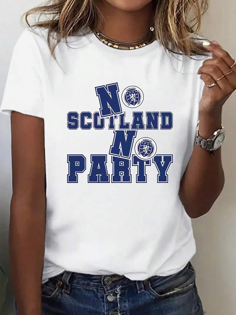 Camiseta de manga corta con estampado gráfico de moda para mujer, 100% algodón, con la frase NO SCOTLAND NO PARTY, un diseño de insignia escocesa y cuello redondo. Camiseta de manga corta có - Blanco - Ver 1