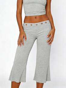 Y2K Summer Beach Low Rise Cropped Flare Pants With Metal Eyelet Waistband High Waist Slimming Bootcut Capri Pants Multi Solid Colors - Light Grey - View 1