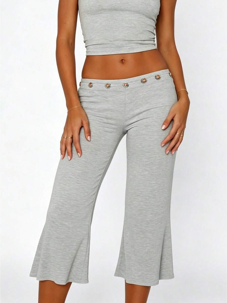Y2K Summer Beach Low Rise Cropped Flare Pants With Metal Eyelet Waistband High Waist Slimming Bootcut Capri Pants Multi Solid Colors - Light Grey - View 1