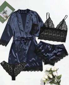 Pijamas sexys para mujer, camisones, lencería, pantalones cortos, camisola de encaje de 4 piezas, conjunto de pijama, bata para el hogar, camisones, ropa de ocio - Negro - Ver 7