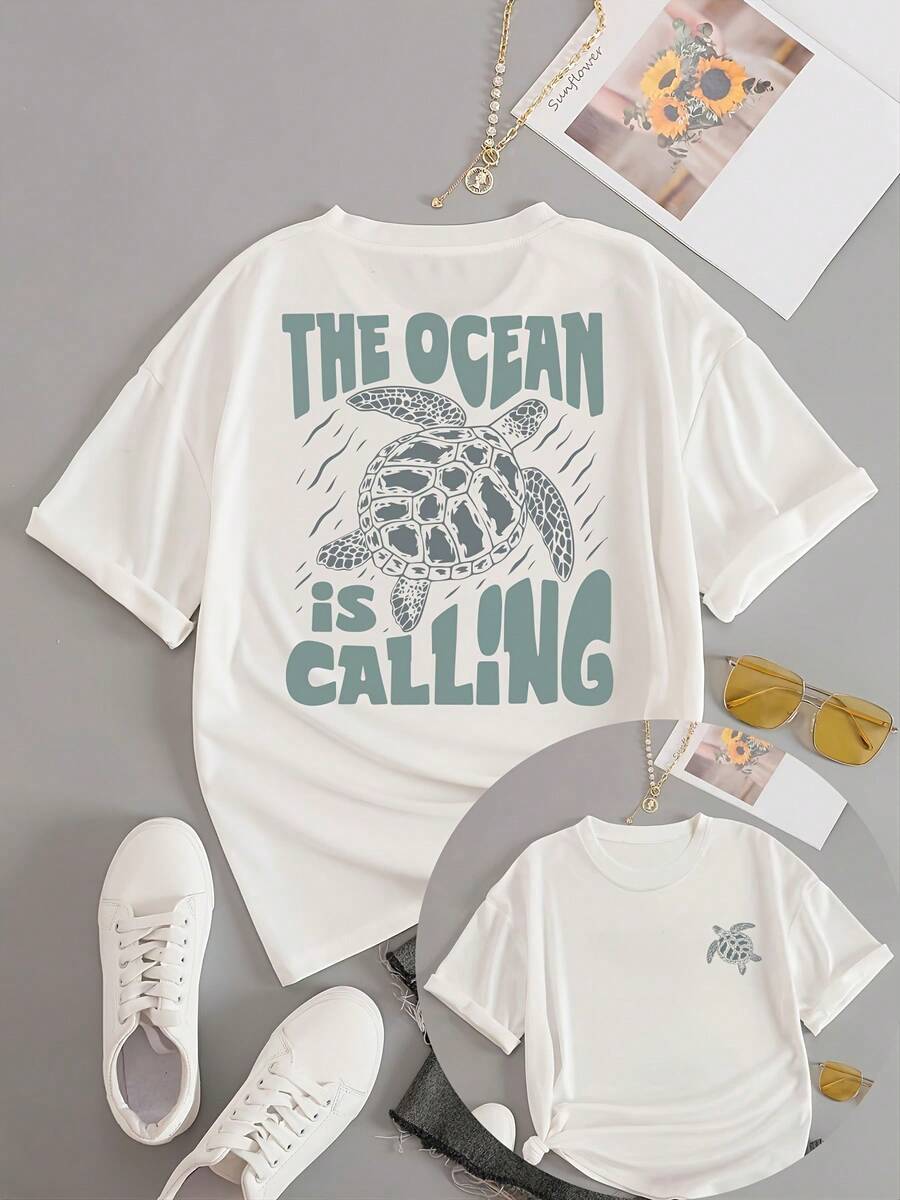 Camiseta de Moda para Mujer, Camiseta Estampada para Mujer con la Frase "THE OCEAN IS CALLING" - Blanco - Ver 1