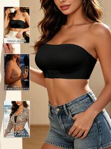 1pc Strapless Bra, Push-Up, Seamless, Non-Slip, Bandeau Style, Wire-Free, Summer Wear, Women's Bra, Backless, Comfortable, High Elasticity - Black - View 6