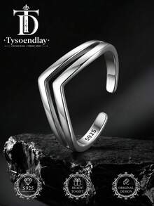 1PC 925 Sterling Silver Vintage V-Shape Double Band Open Ring Low Allergy Smooth Polish Adjustable Retro Style DailyParty Holiday Gift Music Festival - Silver - View 1