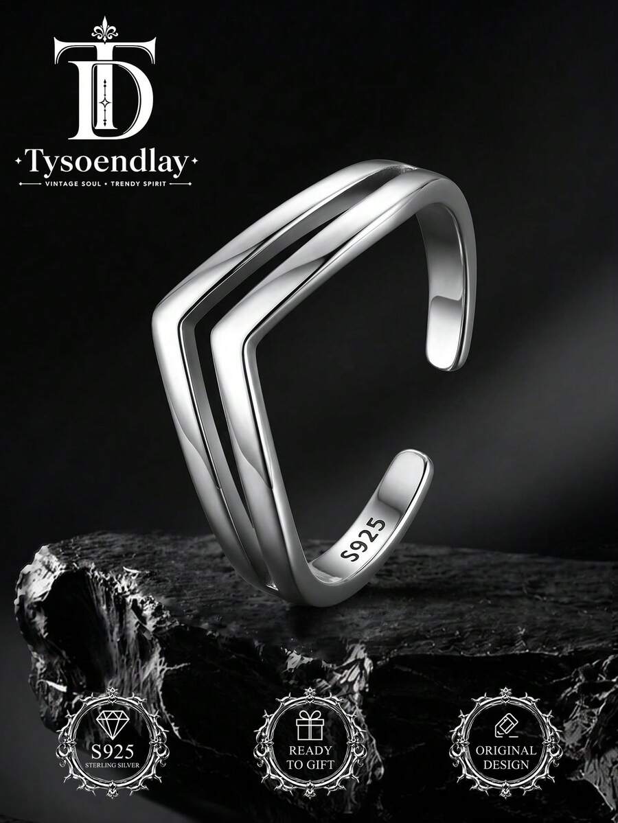 1PC 925 Sterling Silver Vintage V-Shape Double Band Open Ring Low Allergy Smooth Polish Adjustable Retro Style DailyParty Holiday Gift Music Festival - Silver - View 1