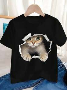'' Camiseta con Cara de Gato Adorable - Diseño Realista de Gato "Soy un Gato" con Ojos Expresivos y Pelo Esponjoso, Tejido de Punto Suave, Top Casual de Verano de Manga Corta y Cuello - Negro - Ver 1