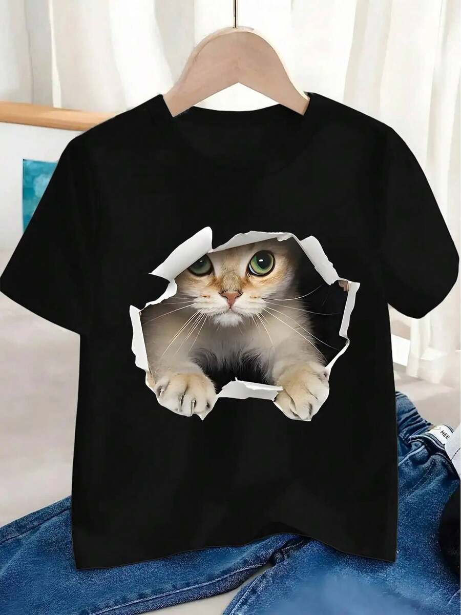 '' Camiseta con Cara de Gato Adorable - Diseño Realista de Gato "Soy un Gato" con Ojos Expresivos y Pelo Esponjoso, Tejido de Punto Suave, Top Casual de Verano de Manga Corta y Cuello - Negro - Ver 1