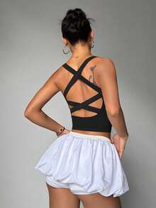 Solid Color Backless Cropped Sports Tank Top Casual Black - Black - View 7