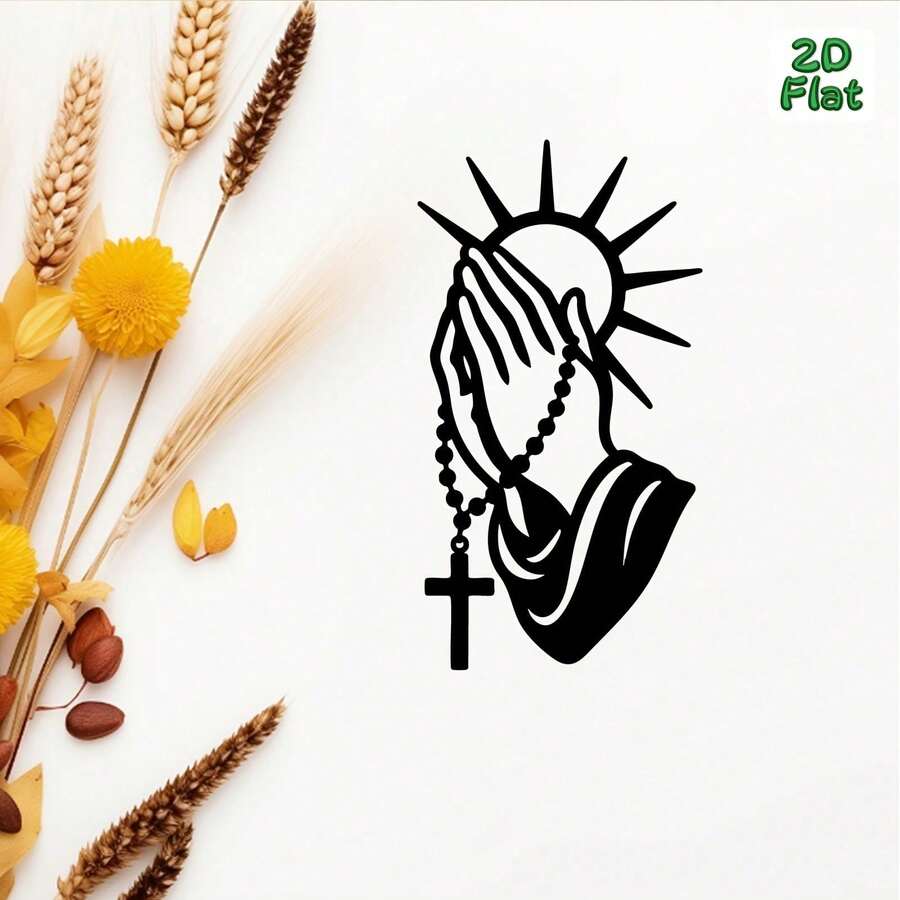 Hello Young 1pc 2D Flat Prayer Hands With Rosary Metal Wall Art, Iron Wall Decor, Perfect For Meditation Room, Bedroom Decoration, Ideal Gift For Christmas, New Year, Ramadan, Religious Believers, Art Collectors, 2D Flat