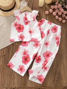 2pcs/Set Girls' Outfit With Large Floral Print, Ruffle Top And Loose Long Pants, Exquisite Ruffle Trim On Neckline And Cuffs, Straight Leg Pants With Elastic Waistband, Comfortable And Fashionable For Spring/Summer - Red and White - View 1