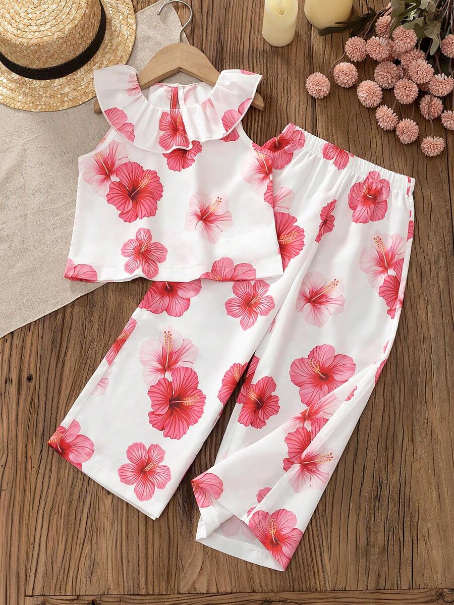 2pcs/Set Girls' Outfit With Large Floral Print, Ruffle Top And Loose Long Pants, Exquisite Ruffle Trim On Neckline And Cuffs, Straight Leg Pants With Elastic Waistband, Comfortable And Fashionable For Spring/Summer - Red and White - View 1