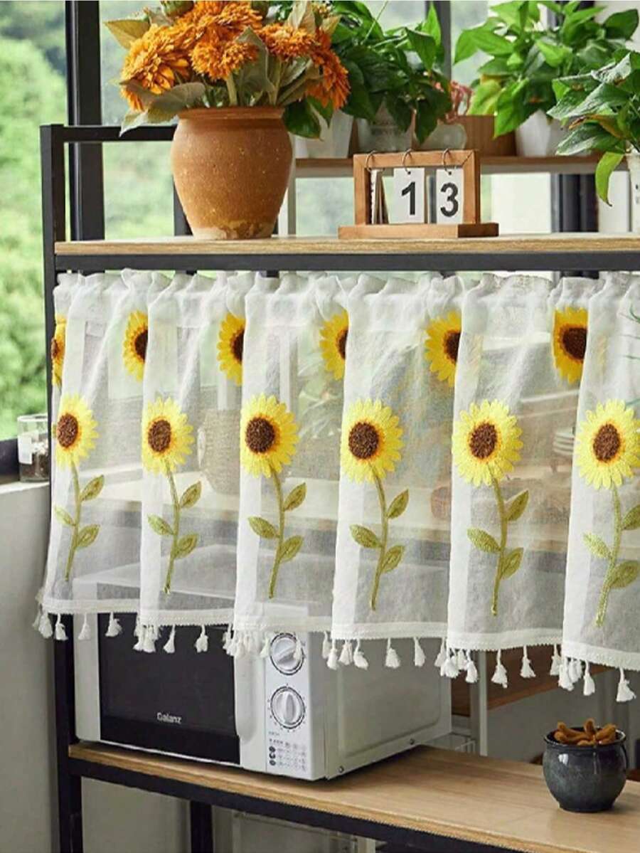 1pc Casual & Fresh Floral Printed Valance Curtain, Suitable For All Seasons - Sunflower - View 1