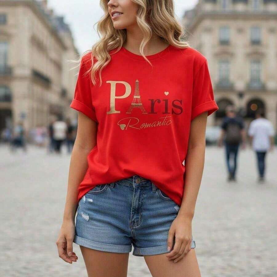 Stylish Everyday Outfits: Women's Paris Eiffel Tower Print Cotton T-Shirt, Casual Short Sleeve Crew Neck Top, Basic Loose Fit T-Shirt, Sizes Di - 紅色 - 查看 1