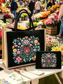 Bohemian Vintage Floral Tote Bag Set, Women's Tote Bag And Wallet Set, Minimalist Decoration, Mexican Style Print Includes Tote Bag And Coin Purse, Eastern European Art Style Large Capacity Women's Bag, Makeup Storage Bag, Simple Large Capacity Tote Bag, Portable Casual Shopping Bag, Multi-Functional Shopping Bag. School Campus & Travel Vacation Back To School Gift Small Gift Exchange, Back To School Season, Valentine's Day - Multicolor - View 4