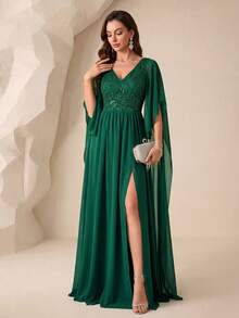 SUPGIR Women's V-Neck Floating Patchwork Sleeve Sequin Patchwork Chiffon Slit Fitted Evening Gown - Dark Green - View 3