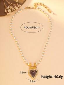 1pc French Vintage Faux Pearl Necklace, Luxury Purple & Green Heart Pendant Choker, Elegant Versatile Neck Chain For Women, Birthday Gift For Girlfriend - Multicolor - View 3