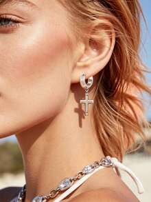 Xiacheng 1Pair/Set Cross Earrings Set For Men Women Dangle Hinged Earrings Of Dangle Hinged Earrings Cross Hoop Slivery And Black Earrings - Multicolor - View 4