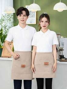 [Canvas Apron] 1pc Extended Waistband Reinforced Seams Kitchen Canvas Apron | Women's Restaurant Waitress Half Apron - Multicolor - View 8