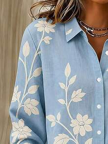 Voworia Casual Fashion Floral Print Women's Plus Size Button-Up Long Sleeve Shirt Blouse Vacation - Baby Blue - View 7