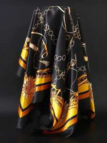 1PC Women's Printed 90cm Square Scarf With Chain, Suitable For Daily Wear, Satin-Like Polyester Soft Bandana Headscarf, All Seasons - Navy Blue - View 3