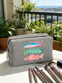 Seersucker Small Makeup Bag, Striped Embroidered Makeup Bag, Large Capacity Cosmetic Storage Bag, Travel Toiletry Bag, Perfect For Beach Trips, Swimming, Shopping And Daily Use, Suitable For Women, Travelers And Beach Lovers, Perfect For Spring Break, Easter, Mother's Day, Vacation And Gift Giving, Woven Material, Can Be Used As A Beach Bag, Shopping Bag And Travel Companion - Multicolor - View 13