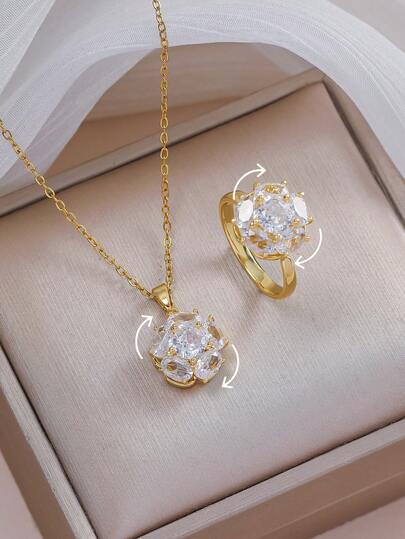 Rotatable Flower Jewelry Set, 18K Gold Plated Green Enamel And Cubic Zirconia Pendant Necklace And Ring, Elegant Floral Rotating Design, Perfect For Brides, Daily Wear And Women's Gifts