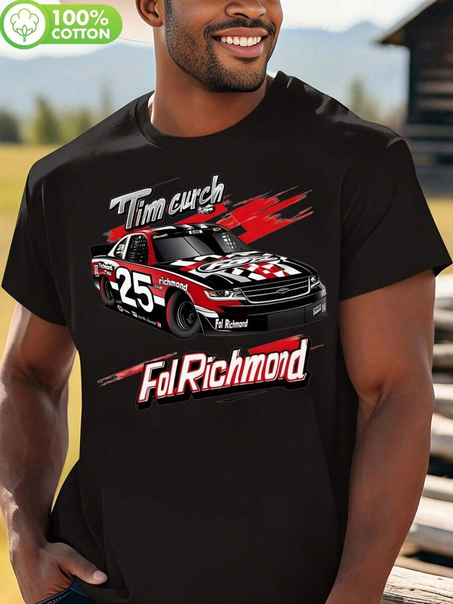 Men's Black T Shirt,Printed With A Red And White Racing Pattern,Printed Tim Curch & Fol Richmond Words,Regular Version,Round Collar Design,Suitable For Sports,Hiking,Casual Wear For Outdoor Activities,Sporty Design,Comfortable To Wear. - 黑色 - 查看 1