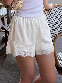 ARA CHIC Women's White Lace Trim Satin Shorts, High Waist Loose Casual Pants, Beach Vacation & Brunch Outfit - White - View 1