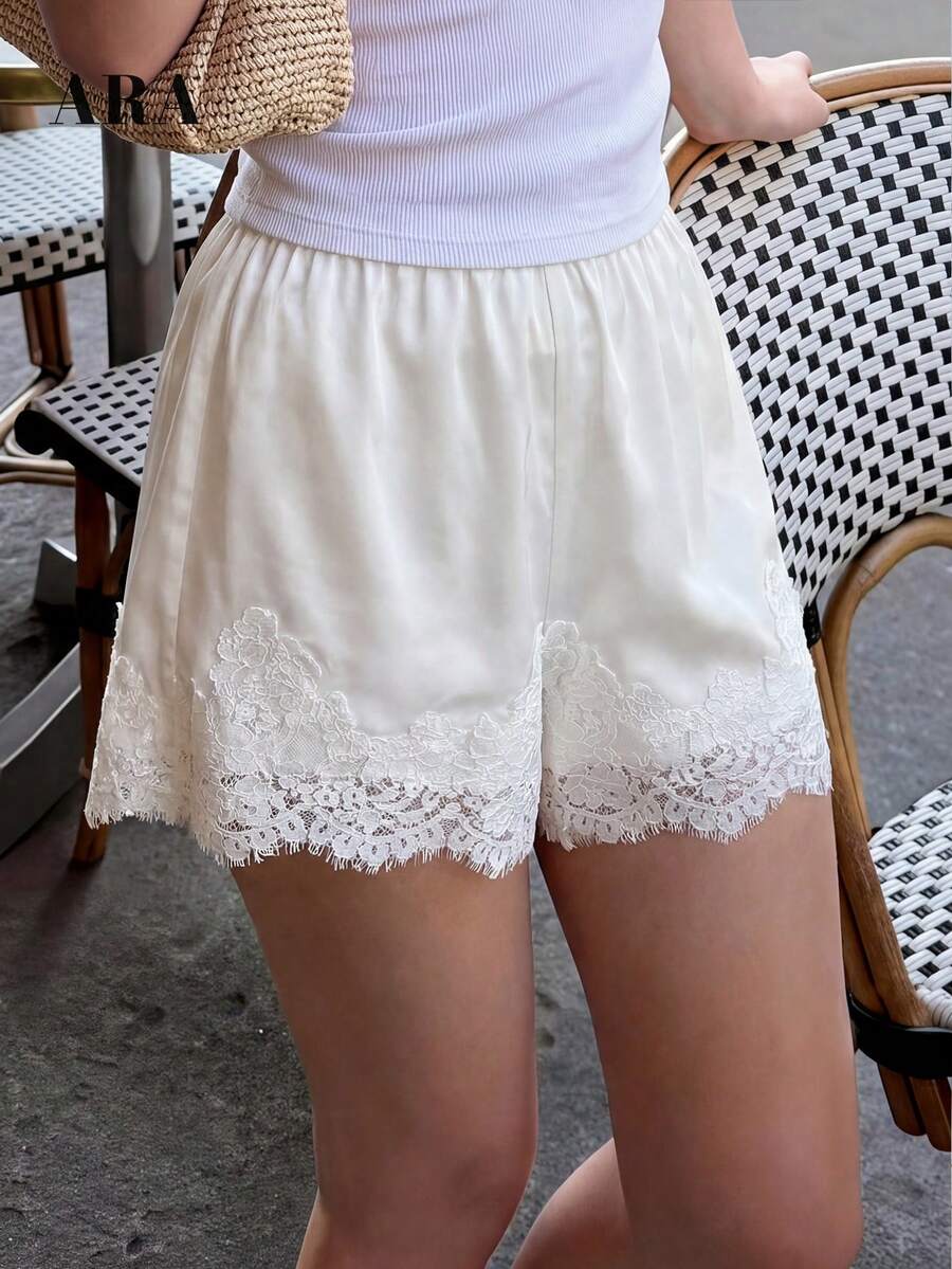 ARA CHIC Women's White Lace Trim Satin Shorts, High Waist Loose Casual Pants, Beach Vacation & Brunch Outfit - White - View 1