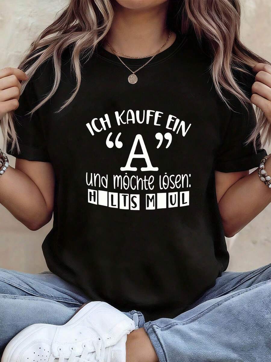 Talla Grande - Talla Grande - Camiseta de Mujer Talla Grande con Estampado de Letras Alemanas, Manga Corta, Cuello Redondo, Top Casual para Verano y Primavera, Ropa de Mujer - Negro - Ver 1