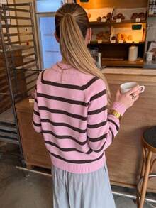 HoloChill Women's Young Influencer Casual Style Round Neck Contrast Color Striped Pullover Knit Sweater, Summer Casual 2026 New Arrival, Women's Ribbed Knit Striped Pullover Sweater, Long Sleeve Regular Fit Top, Suitable For Spring/Autumn Wear, High Elastic Fabric, Women's Outing Outfit, Fall Sweater, Back To School, Homecoming, Fall/Winter, French - Pink - View 2