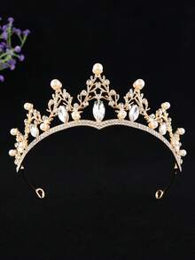 1pc Fashion Rhinestone Glass Alloy Crown Bridal Wedding Headpiece Holiday Birthday Party Women Accessory - Gold - View 2