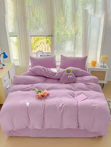 Blue And White Color Block Washed Polyester Skin-Friendly Duvet Cover 3 Pieces Set - Mauve Purple - View 3