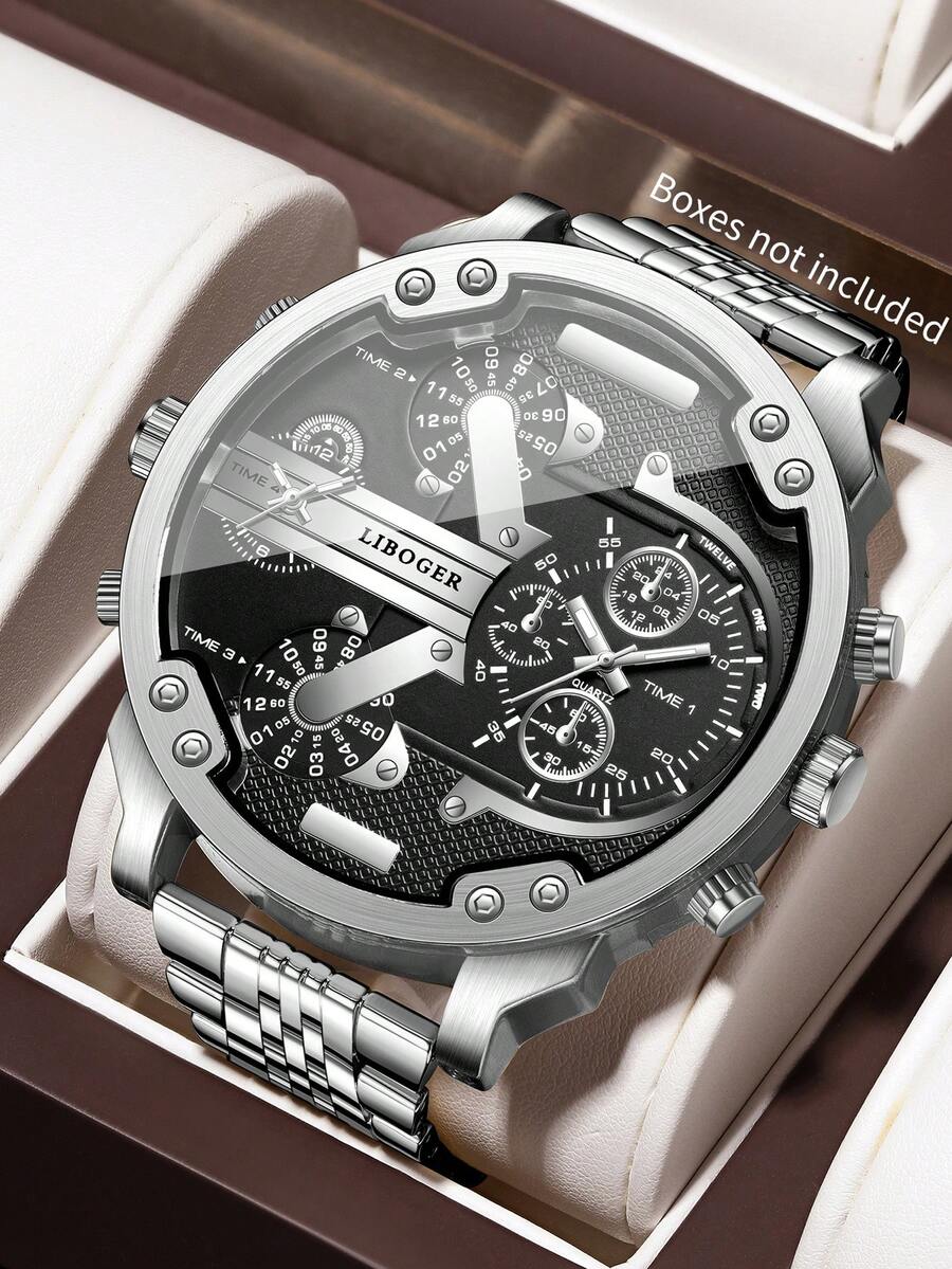 1pc Men's Multi-Time Zone Quartz Watch, All Black Large Dial Multi-Function Alloy Band Wristwatch, Street Style Cool Sports Watch, Versatile Gift, Watch Box Not Included - Silver - View 1