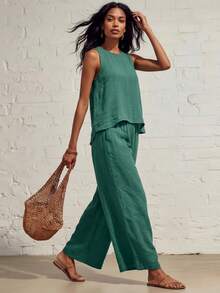 Women's Two-Piece Linen Outfit: Casual Sleeveless Crochet Vest And Wide-Leg Pants, Summer Bohemian Vacation Casual Suit. - 綠色 - 查看 3