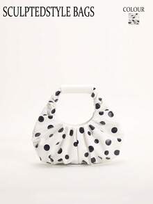 SCULPTEDSTYLE BAGS 1件黑白對比圓點印花雲朵包，時尚褶皺設計，極簡拼接優雅女款手提包，適合日常通勤、購物、約會、下午茶 - 白色 - 查看 2