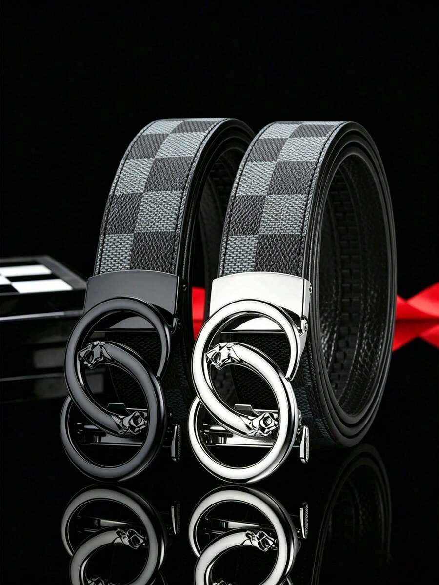 1pc Men's PU Leather Automatic Buckle Belt, Embossed Hollow Leopard Buckle Adjustable Business Casual Belt, Multiple Colors Available, Fashionable, Suitable For Men's Jeans, Suits, Workplace Formal Wear And Daily Casual Wear. Luxury Style, High-End Feeling, Best Gift For Father And Boyfriend. - Multicolor - View 1