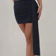 Women's Short Draped Skirt With Side Stripe, Adjustable, In Suplex Fabric, Foreign Fashion. - 黑色 - 查看 3