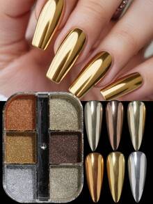 6-Grid Magic Mirror Nail Powder, Iridescent Gold & Silver Metallic Nail Powder, Y2K Aesthetic Polished Glitter Pigment, Summer Nail Art Decoration - Multicolor - View 1