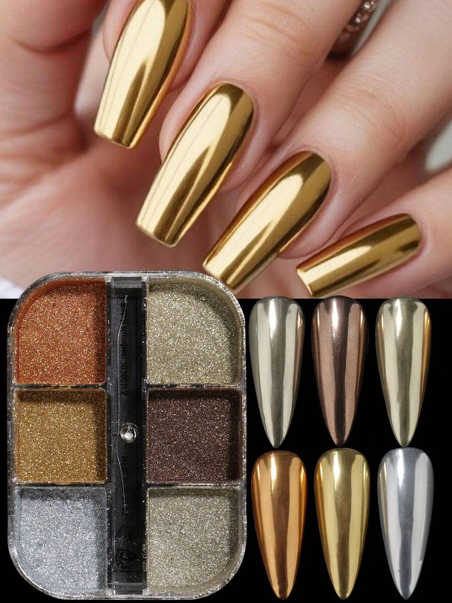 6-Grid Magic Mirror Nail Powder, Iridescent Gold & Silver Metallic Nail Powder, Y2K Aesthetic Polished Glitter Pigment, Summer Nail Art Decoration - Multicolor - View 1