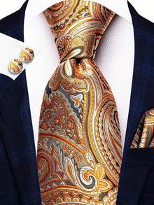 Juego de corbata para hombre, conjunto de corbata clásica de moda con gemelos para negocios y fiestas - Dorado - Ver 1
