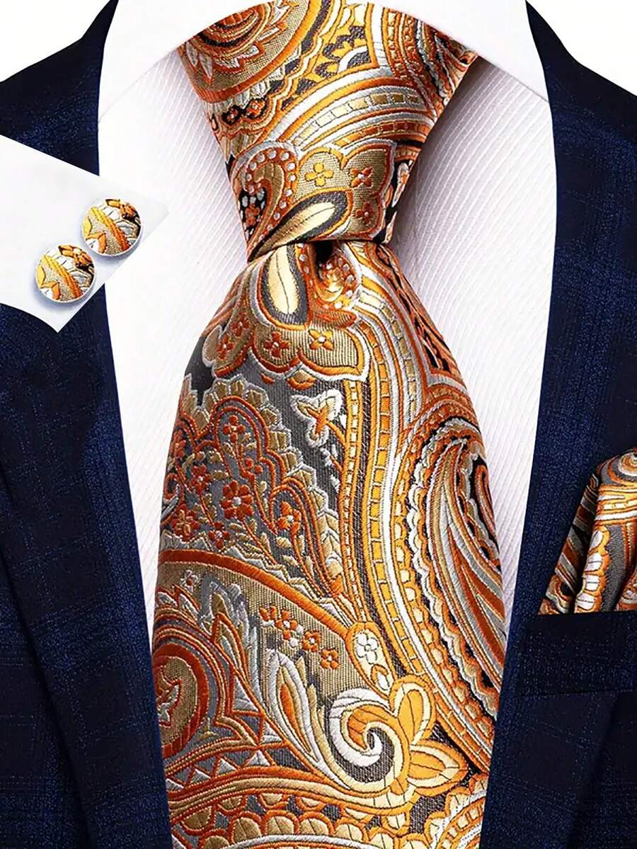 Juego de corbata para hombre, conjunto de corbata clásica de moda con gemelos para negocios y fiestas - Dorado - Ver 1