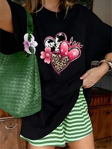 Western Leopard Cow Print Pink Hearts Love Graphic T-Shirt, 100% Cotton Oversized Soft Breathable Cute Tee, Casual Crewneck Short Sleeve Top for Valentine's Day & Daily Wear - Negro - Ver 11