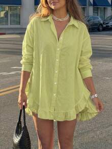 Blusa casual de primavera para mujer, unicolor, con botones delanteros y volantes, primavera/verano - Verde - Ver 3