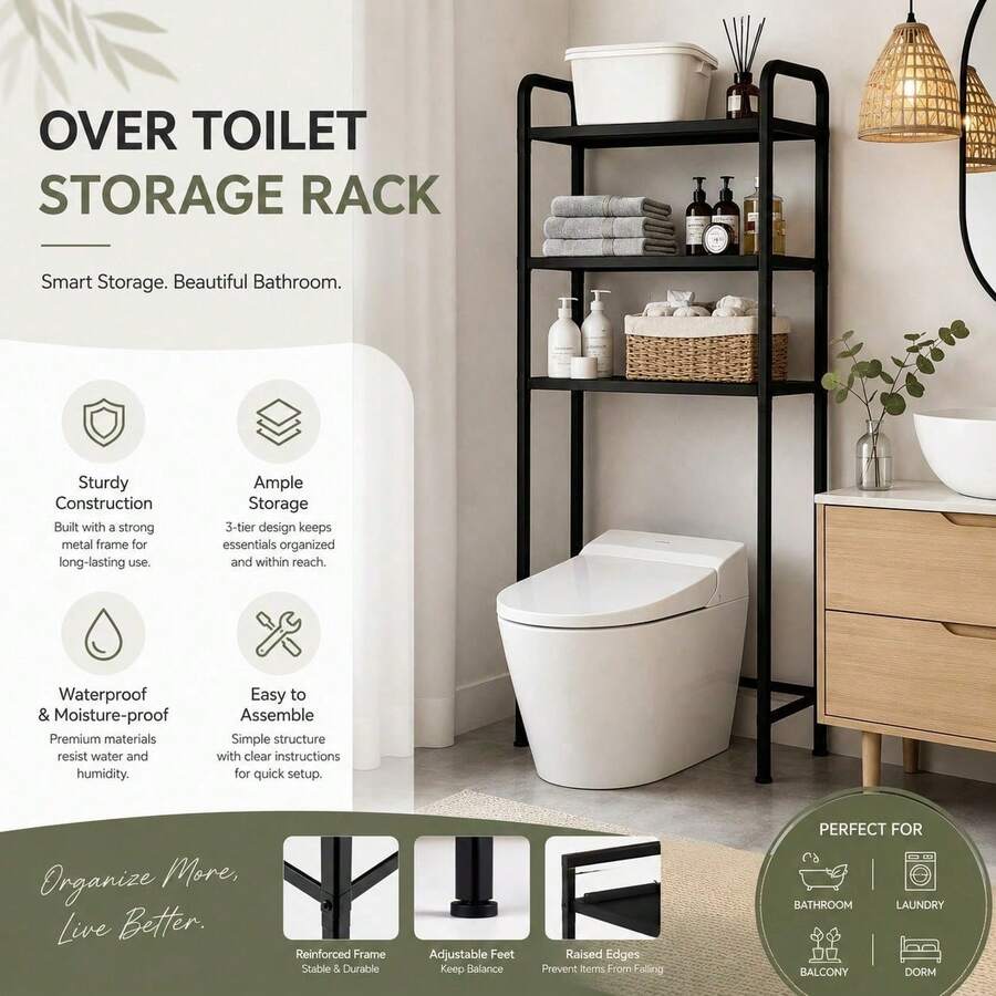 Estante resistente para inodoro: instalación sin taladros, resistente al agua, ideal para baños y aseos. - Negro - Ver 1