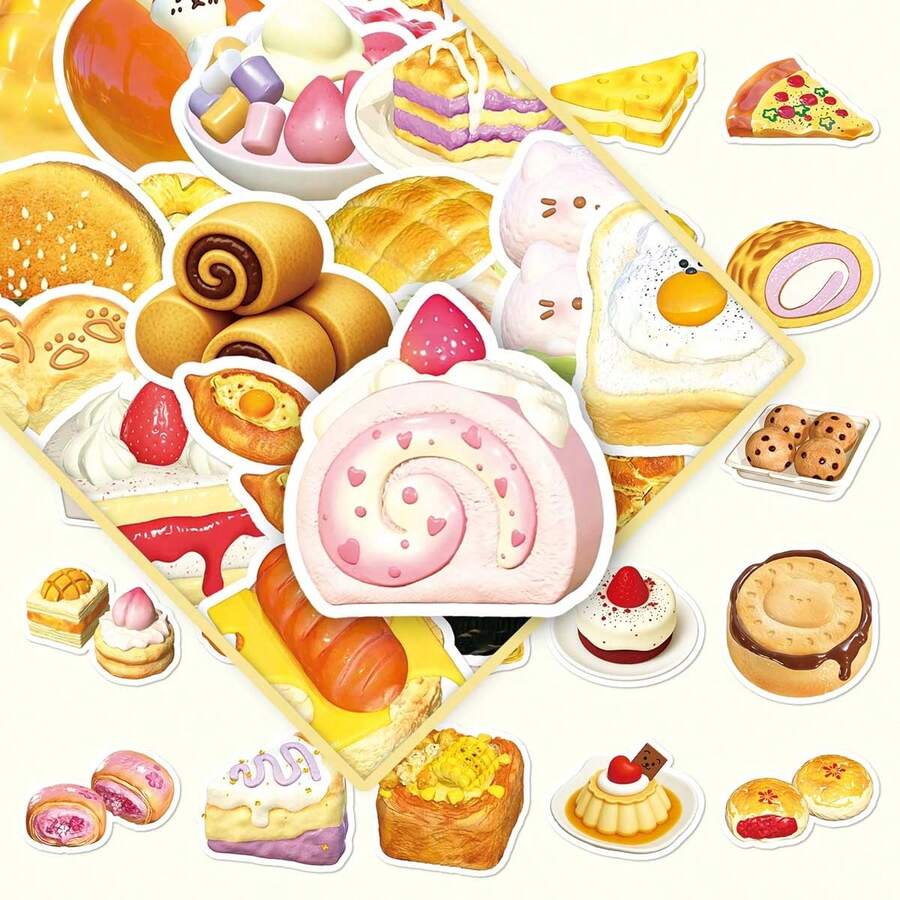 50pcs Delicious Dim Sum Cartoon Food Material Cheese Bun Sandwich Creative Decoration Notebook Cup Stickers - Delicious Desserts - 2024X - View 1
