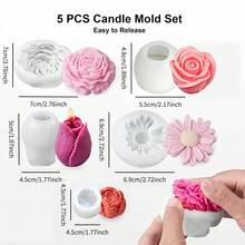 5件組花卉蠟燭模具套裝，3D花朵矽膠蠟燭模具，適用於蠟燭製作，包含雛菊、牡丹、玫瑰、鬱金香花卉模具，適用於手工皂、蠟塊、環氧樹脂鑄造，母親節禮物，易脫模 - 白色 - 查看 4